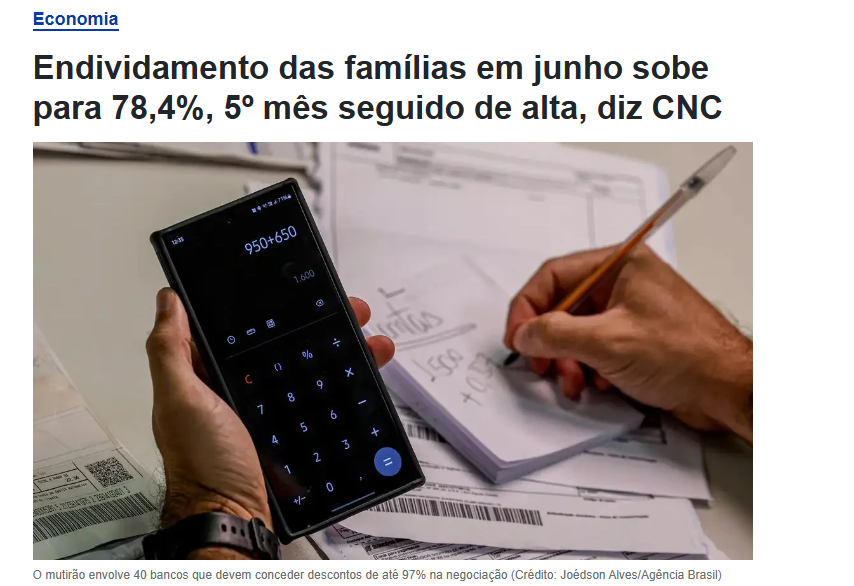 Notícia sobre endividamento das famílias