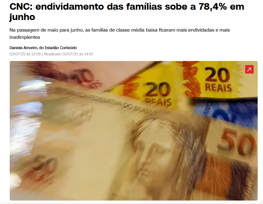 Notícia sobre endividamento das famílias CNC